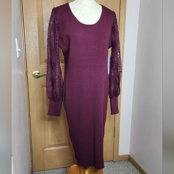 Lace Sleeve Ribbed Midi Dress Size XL - Wine Fall / winter plus size - Picture 5 of 16